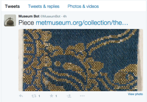 Example of a tweet from Museumbot that showcases pieces owned by the Metropolitan Museum of Art. 